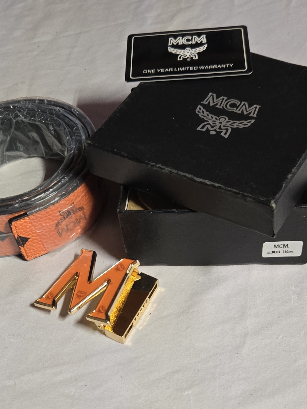 MCM Leather Reversible Belt in Black & Orange NWT